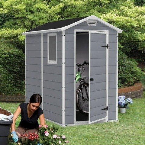 Keter Manor 4' x 6' Resin Storage Shed, All-Weather Plastic Outdoor Storage, Gray and White