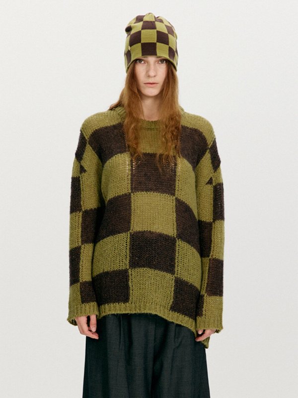 Wool Blend Checker Board Sweater_Green