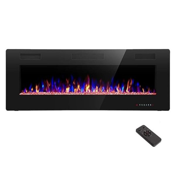 R.W.FLAME Electric Fireplace 50 inch Recessed and Wall Mounted,The Thinnest FireplaceLow Noise, Fit for 2 x 4 6 Stud, Remote Control with Timer,Touch Screen,Adjustable Flame Colors Speed