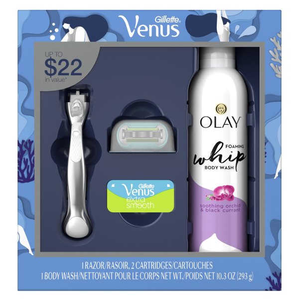 Gillette Venus Extra Smooth Platinum Women's Razor Holiday Gift Pack including 1 Razor, 2 Razor Blades, and 1 Body Wash