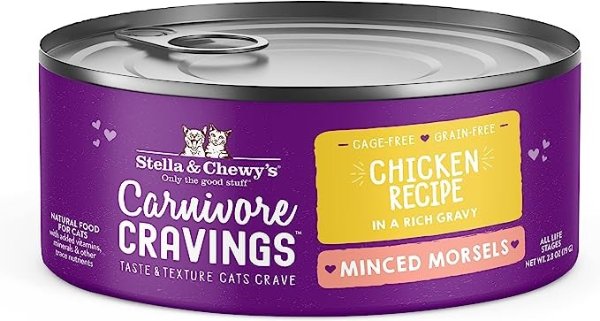 Stella & Chewy’s Carnivore Cravings Minced Morsels Cans – Grain Free, Protein Rich Wet Cat Food – Cage-Free Chicken Recipe – (2.8 Ounce Cans, Case of 24)