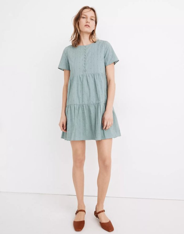 Petite Embroidered Eyelet Button-Front Tiered Mini Dress