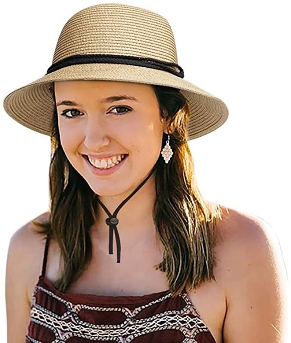 Womens Beach Sun-Hat Floppy - Summer Foldable Straw-Hat with Wind-Lanyard for Trave