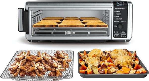 SP101 Digital Air Fry Countertop Oven with 8-in-1 Functionality, Flip Up & Away Capability for Storage Space, with Air Fry Basket, Wire Rack & Crumb Tray, Silver