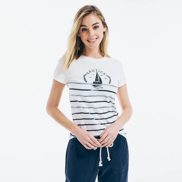 Womens Sequin-Striped Graphic T-Shirt