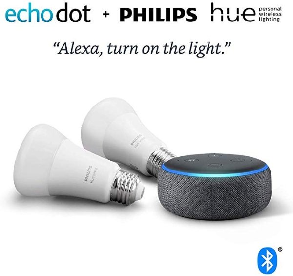 Echo Dot (3rd Gen) Charcoal Bundle with Philips Hue White 2-pack A19 Smart Bulbs, Bluetooth & Zigbee compatible (No Hub Required)