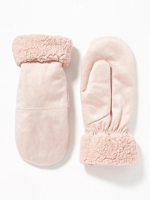 Faux-Suede Sherpa-Trim Mittens for Women