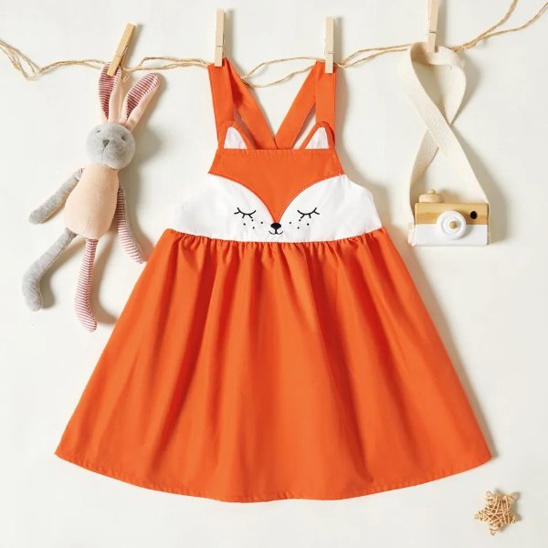 Toddler Girl Animal Fox Pattern Button Design Overall Dress