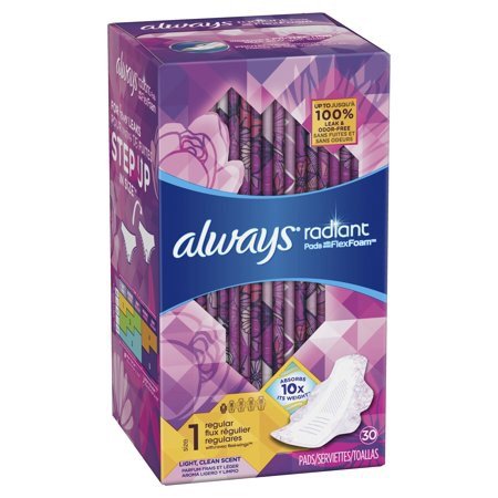 Always Radiant Size 1 Regular Pads with Wings, Scented, 30 Count
