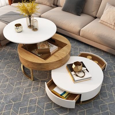 Nesnesis Modern Round Lift-top Nesting Wood Coffee Tables with 2 Drawers White & Natural-Homary