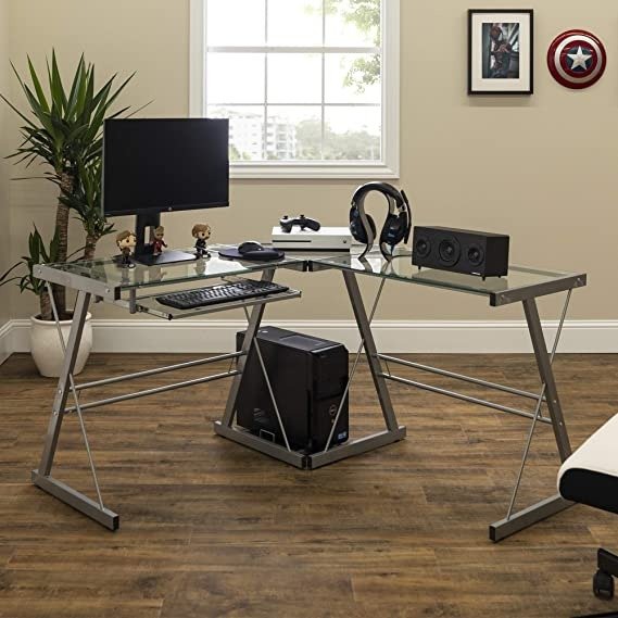 Ellis Modern Glass Top L Shaped Corner Gaming Desk with Computer Keyboard Tray, 51 Inch, Silver