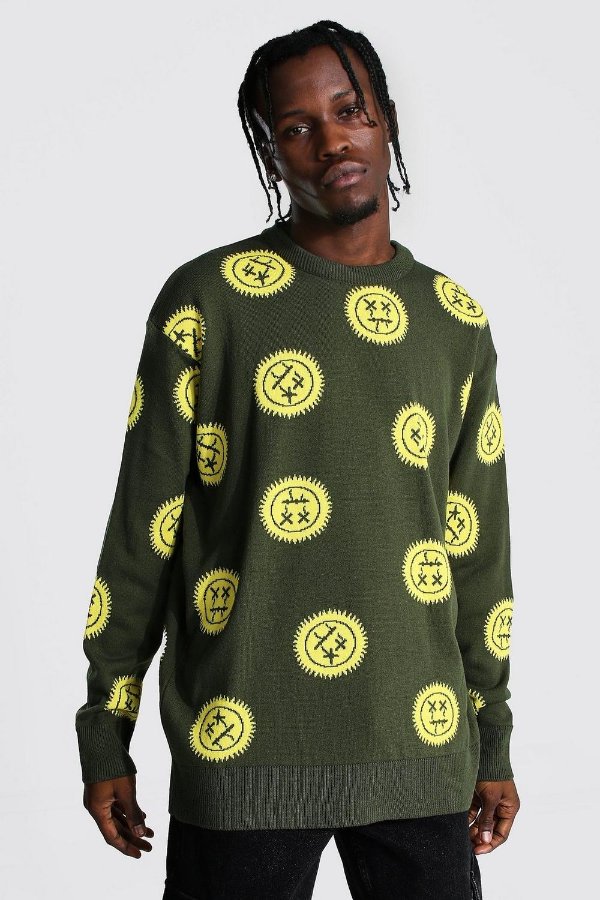 Oversized All Over Drip Face Knitted Jumper | boohooMAN