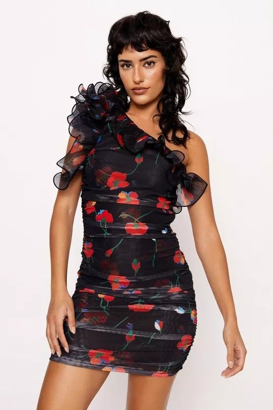 One Shoulder Ruffle Detail Floral Dress