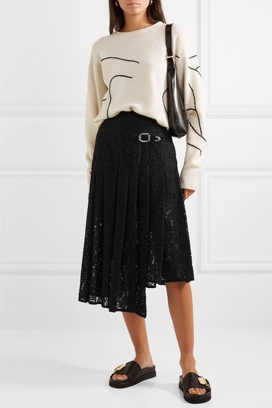 Jalilo buckled asymmetric pleated guipure lace midi skirt