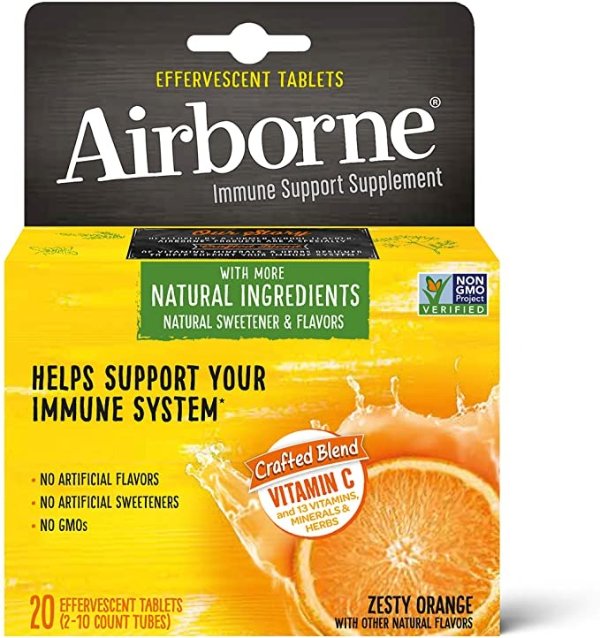 Vitamin C 1000mg (per Serving) - Airborne Zesty Orange Effervescent Tablets 20 Count in a Box