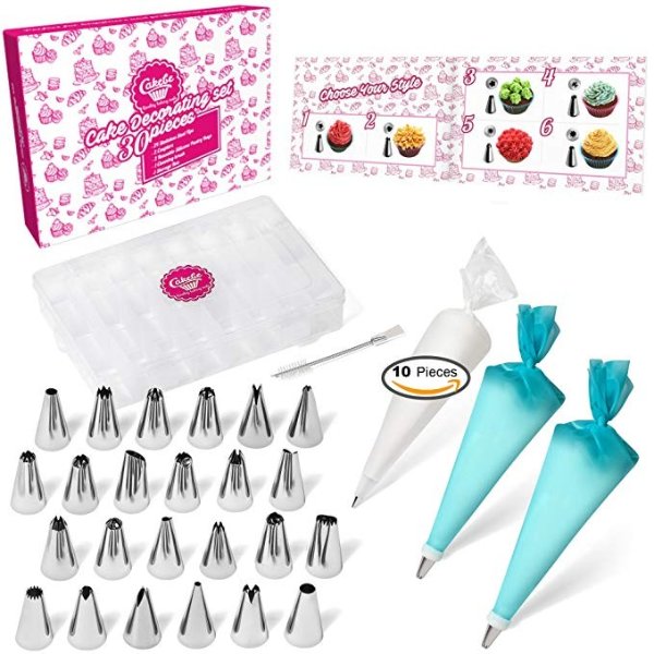 Cake Decorating Supplies Kit 30pcs Set - 24 Stainless Steel Icing Frosting Tips - 2 Couplers Storage Case 2 Reusable Silicone 10 Disposable Pastry Bags - Baking Tool Supply Piping Cake Nozzle