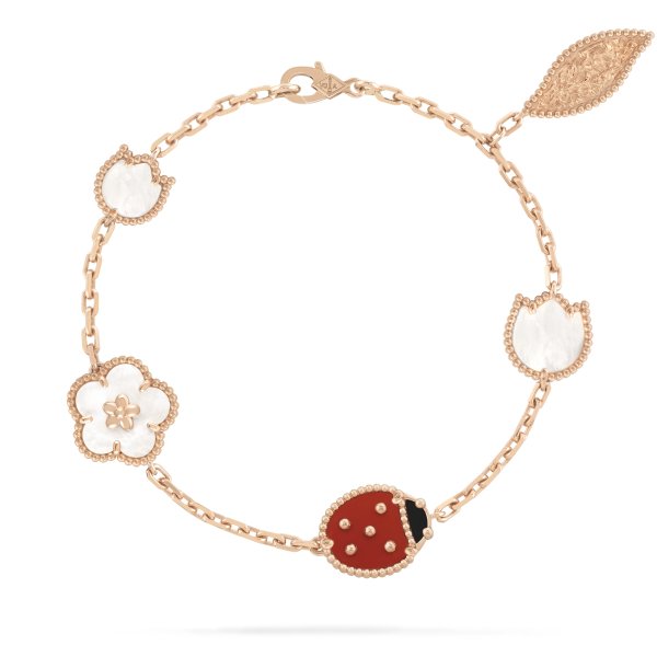 Lucky Spring bracelet, 5 motifs 18K rose gold, Carnelian, Mother-of-pearl, Onyx