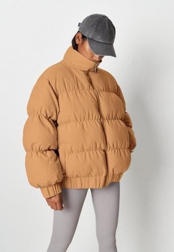 - Camel Ruched Puffer Jacket