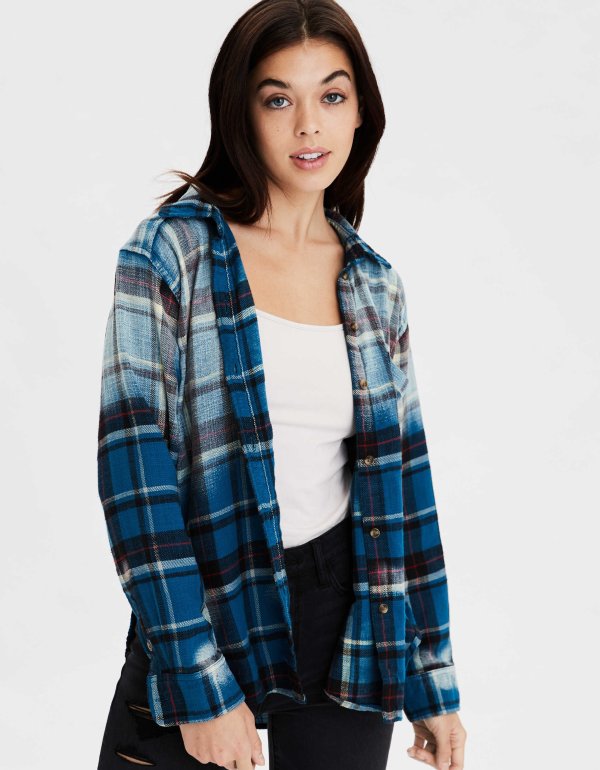 AE Oversized Bleached Plaid Button Up Shirt