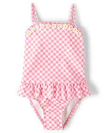 Girls Sleeveless Embroidered Daisy Gingham Print One Piece Swimsuit - Garden Party | Gymboree