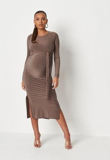Missguided - Taupe Slinky Belted Maternity Midi Dress