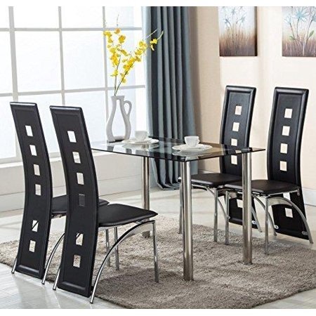5 Piece Glass Dining Table Set With 4 Faux Leather Chairs Dining Furniture Black