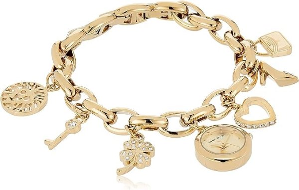 Women's Premium Crystal Accented Gold-Tone Charm Bracelet Watch, 10/7604CHRM