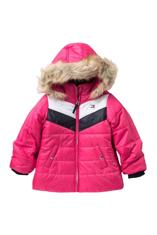 Quilted Chevron Colorblock Puffer with Faux Fur (Little Girls)