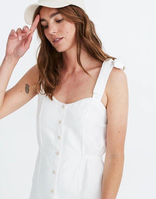 Tie-Strap Button-Front Sundress in Pure White