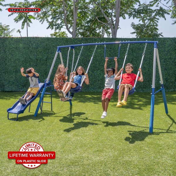 Arcadia Metal Swing Set with 5ft Slide, Trapeze, 2 Person Glider Swing