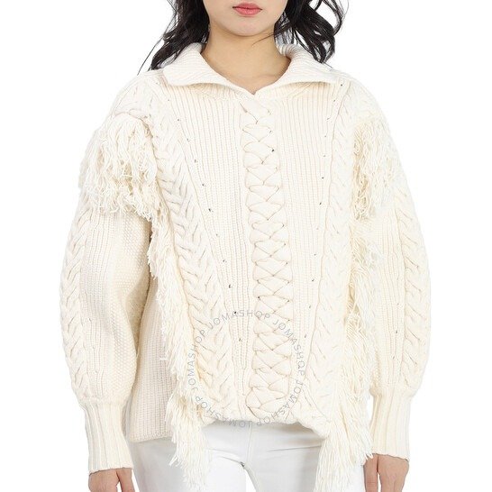 Ladies Borbore Fringed Cable Knit Sweater In Natural White