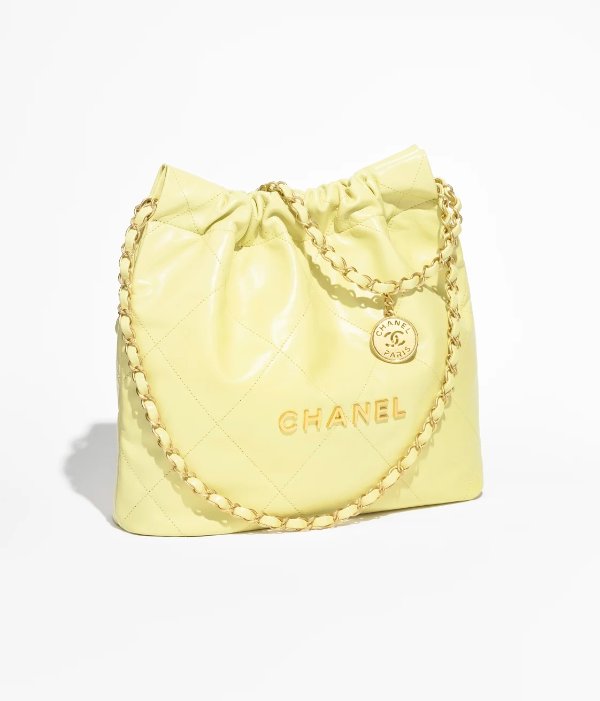 22 small handbag, Shiny calfskin & gold-tone metal , yellow — Fashion |