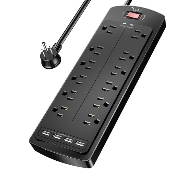 Nuetsa Power Strip , Nuetsa Surge Protector with 12 Outlets and 4 USB Ports, 6 Feet Flat Plug Extension Cord (1875W/15A)