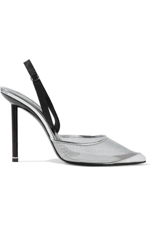 Metallic leather and satin-trimmed mesh slingback pumps