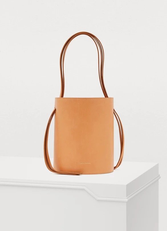 Vegetable-tanned leather fringed bucket bag