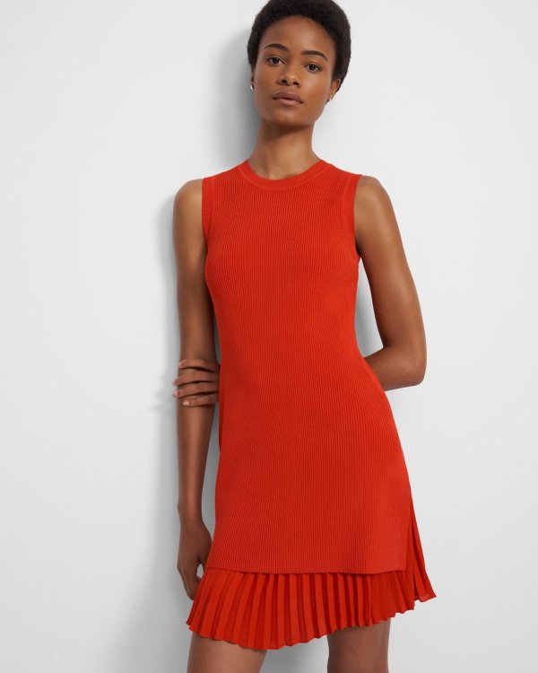 Pleated Sleeveless Combo Dress in Ribbed Knit