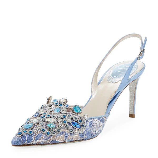 Crystal-Beaded Lace/Leather Halter Pumps