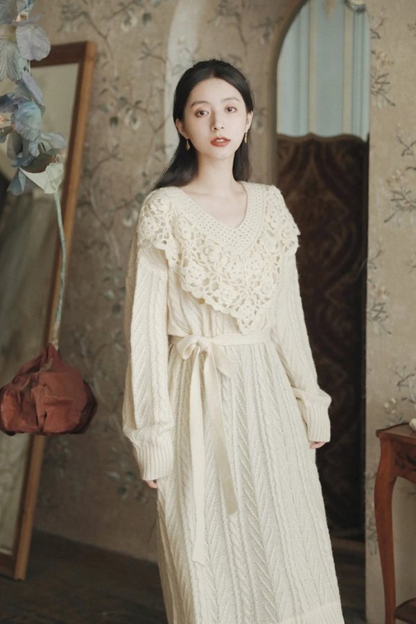 MOLIFUSU | Cream Hollow Knit Dress