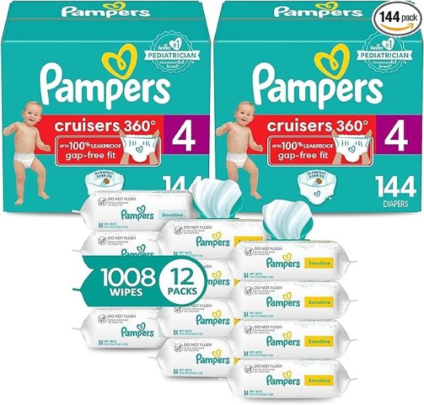 Pull On Cruisers 360° Fit Disposable Baby Diapers Size 4, 2 Months Supply (2 x 144 Count) with Sensitive Water Based Wipes 12X Multi Pack Pop-Top and Refill (1008 Count)