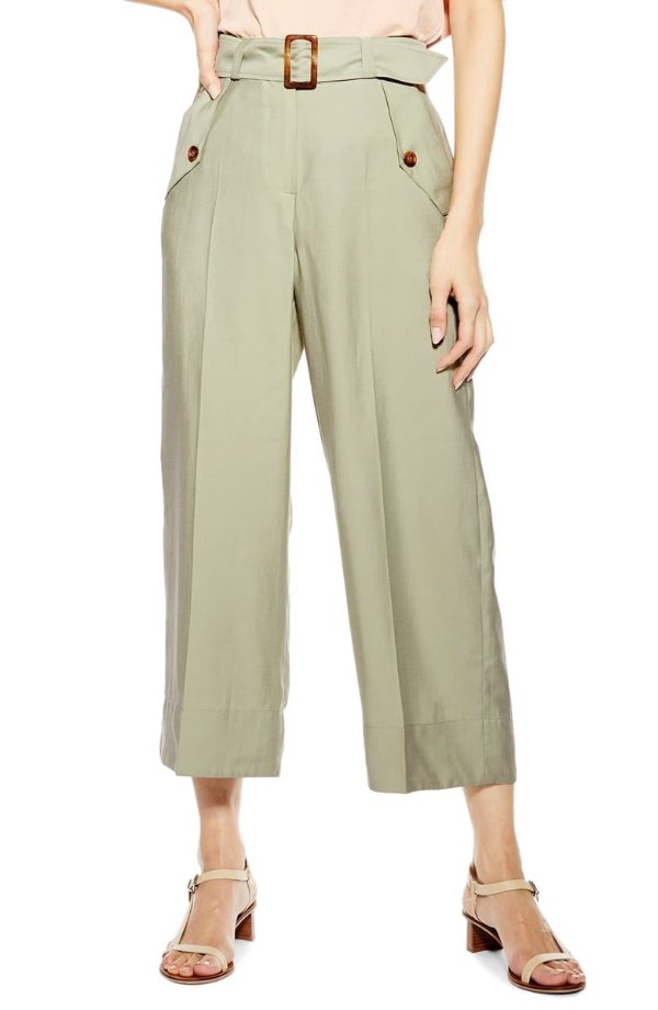 Belted Wide Leg Crop Trousers