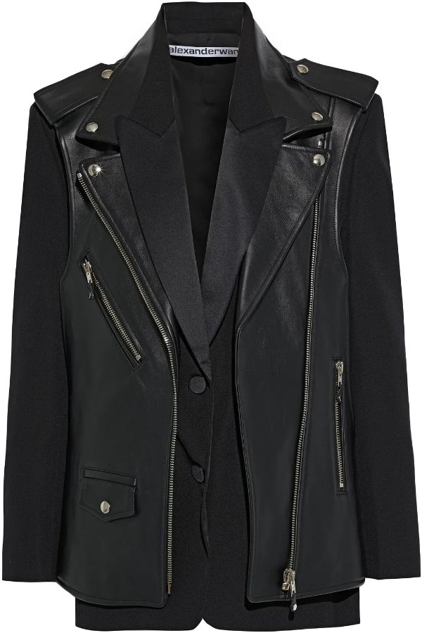 Hybrid wool-crepe and leather biker jacket