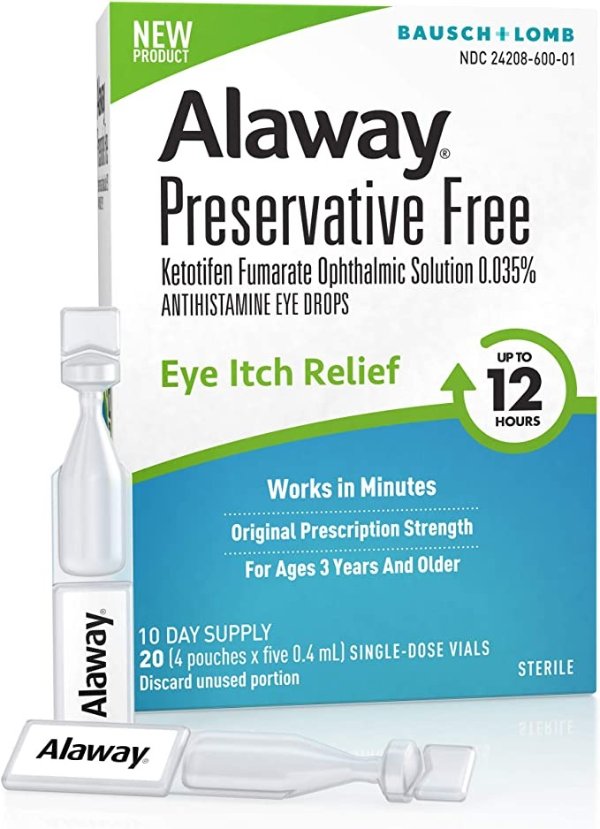 Eye Drops, Preservative Free Antihistamine Eye Drops for up to 12 Hours of Eye Itch Relief, 20 Single-Dose Vials,20 Count (Pack of 1)