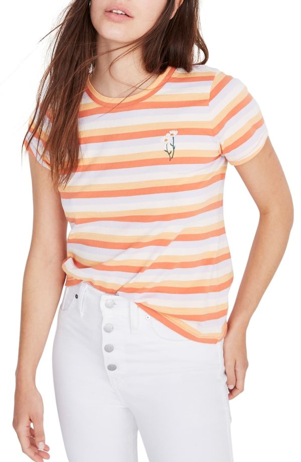 Embroidered Daisy Stripe T-Shirt (Regular & Plus Size)