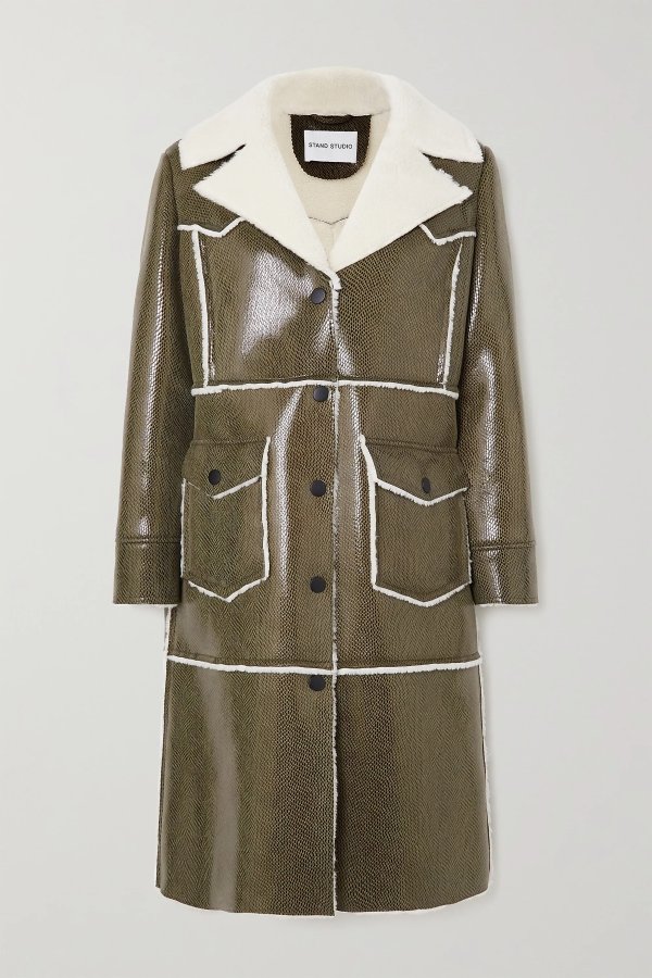 Adele faux shearling-trimmed snake-effect faux patent-leather coat