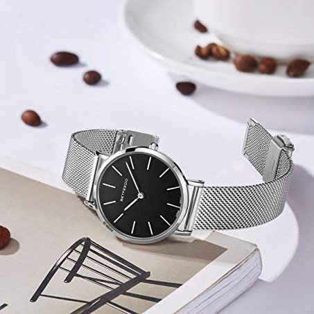 Betfeedo Men's Wrist Watches Ultra-Thin Quartz Analog Watch with Stainless Steel Mesh Band