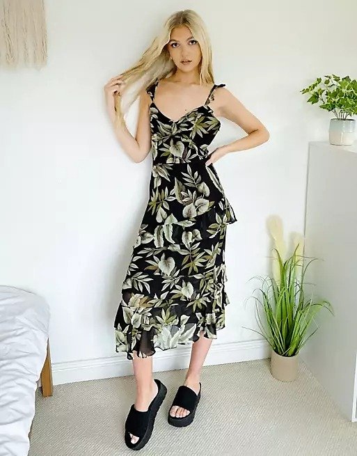 tiered dress in palm print | ASOS