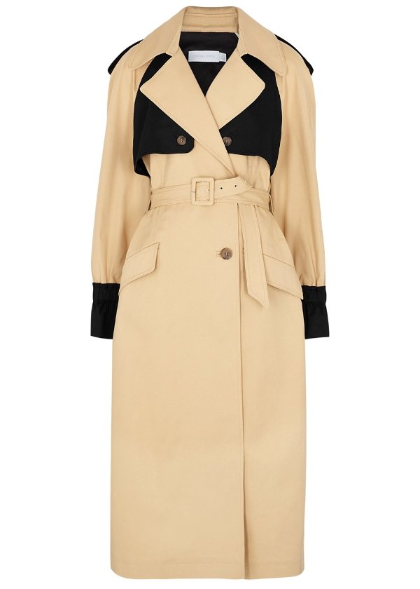 Paige sand and black twill trench coat