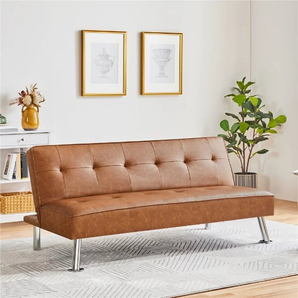 Convertible Tufted Faux Leather Futon Sofa Bed with Chrome Metal Legs, Brown