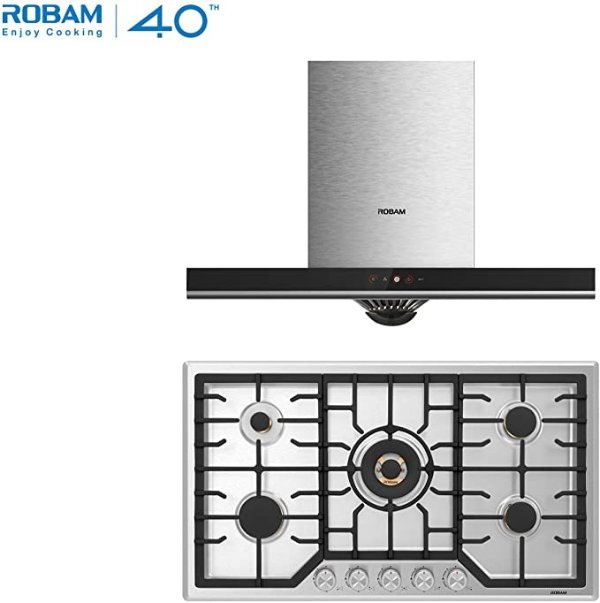 2-Piece Package with 36" Wall Mount Range Hood and 36" 5 Burner Natural Gas Range