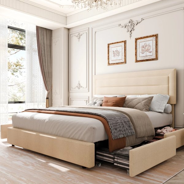 Upholstered Bed with Four Drawers